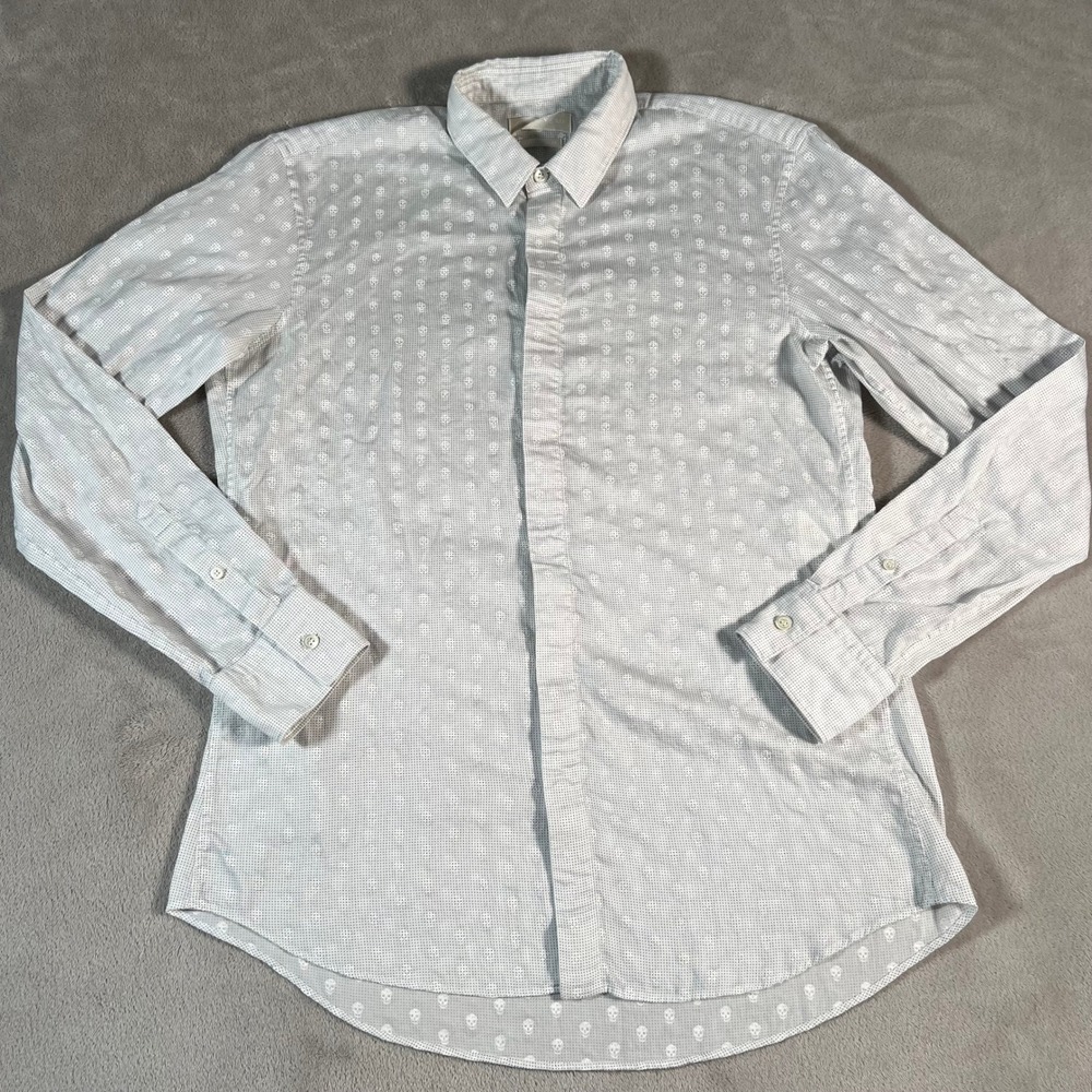 Alexander McQueen Button Down Shirt Men's Size 48 White Skull Jacquard Micro Dot